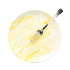 One dirty plate and fork isolated on white, top view
