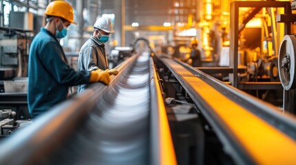 Fototapeta premium Steel Mill Workers Inspecting Molten Metal Production Line