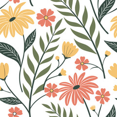 Pretty Floral Pattern Seamless Design with Yellow and Coral Flowers and Green Leaves