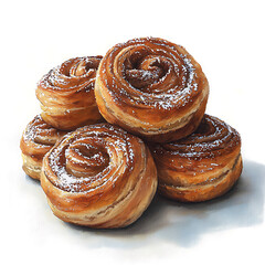 A stack of five sweet spiraled buns dusted with powdered sugar rendered in a painterly illustrative style.