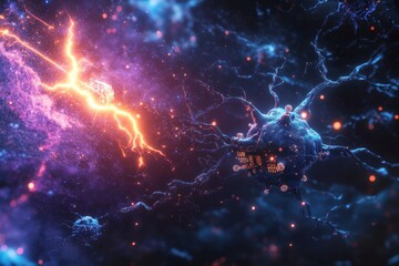 Surreal digital landscape with floating neurons and circuitry in cosmic setting