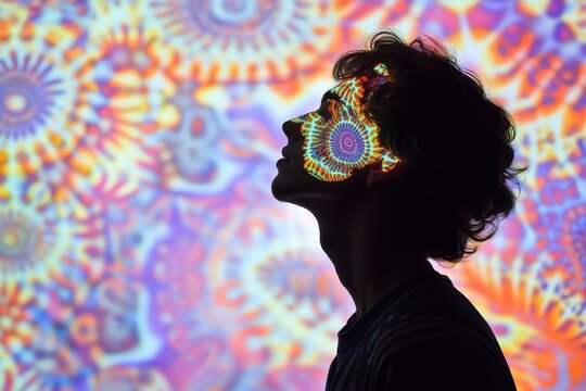 Teenager silhouette against vibrant psychedelic fractal background for artistic design