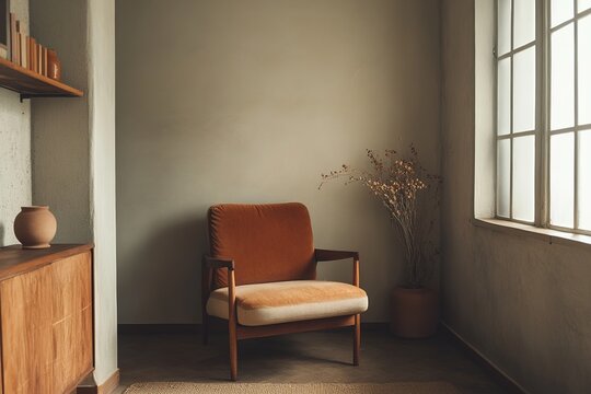 Earthy tones and simple elegance. An inviting corner with a soft chair and minimal decor, offering a cozy space for relaxation and comfort.