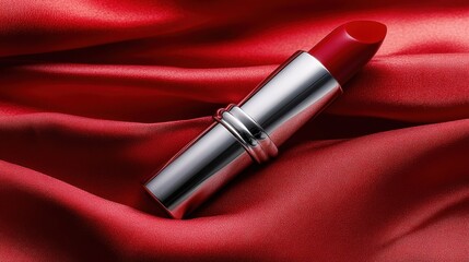 A red lipstick with a smooth, curved tip resting beside a delicate silk ribbon.