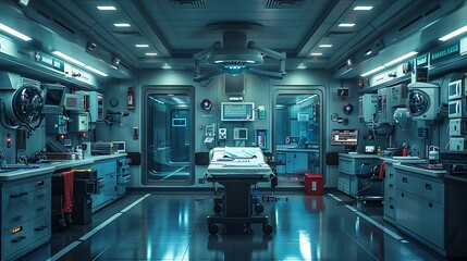 Highly detailed digital illustration of a futuristic operation room filled with advanced medical and research equipment.