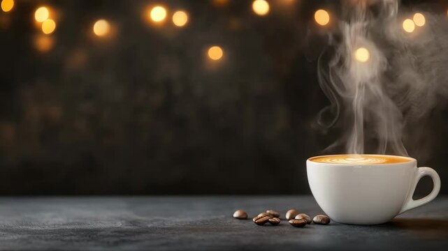 Steaming cup of coffee on gray surface with coffee beans. Warm drink in white mug against dark background with blurred lights. Cozy ambiance for cafe menu.