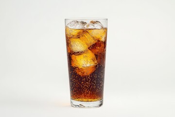 A tall glass filled with cold soda and ice cubes
