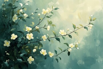 Delicate white flowers and green leaves depict spring nature in soft, dreamy quality. Concept of spring nature embraces peaceful, serene atmosphere, reflecting seasons.