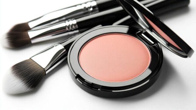 A round peach blush compact with a matte finish placed next to a set of high-end makeup brushes.