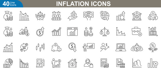 Inflation icons set. Representing economic inflation, rising prices, financial growth, currency devaluation, cost of living increases, market fluctuations, and more. Vector illustration