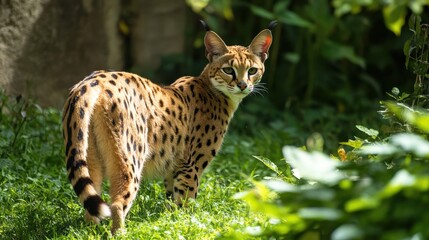 Obraz premium A serval cat stalking through its zoo enclosure, its long legs moving silently through the grass.