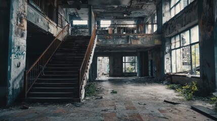 Fototapeta premium Decaying grandeur: A haunting view inside a large, abandoned building, reclaimed by nature and showing its age and derelict structure.