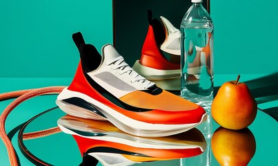 Vibrant pop art-inspired photograph featuring a pink and yellow sneaker, a tilted circular mirror reflecting a bottle of lemon water