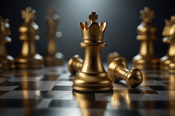 A chessboard with a golden king standing among fallen silver pieces
