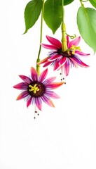 Obraz premium Two vibrant passion flowers, contrasting colors, hanging against a pure white background, background, detail