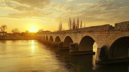 Obraz premium Golden Sunset over the Ancient Stone Bridge