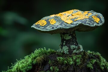 Fototapeta premium A colorful mushroom with yellow spots grows on mossy wood