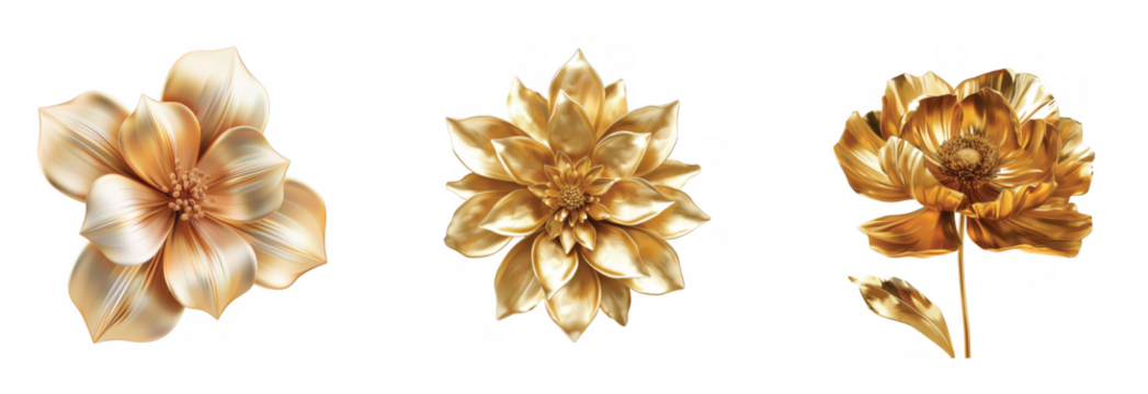 Elegant metallic flowers with shiny golden petals show intricate details and sophisticated design