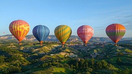 Naklejka premium Vibrant hot air balloon festival over rolling green hills