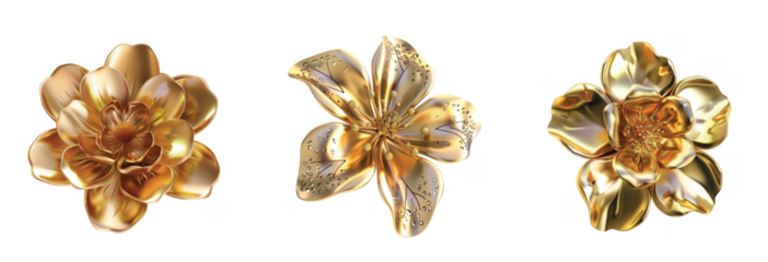 Shiny gold metal flowers featuring three detailed petals and elegant artistic craftsmanship