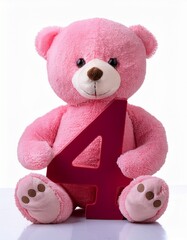 Cute pink teddy bear with number 4, kids fourth birthday party. Stuffed animal isolated on white background
