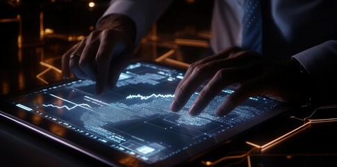 A businessman interacts with a digital world map on a touchscreen interface. analyzing global data trends in a modern office illuminated by soft ambient lights