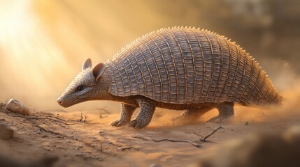 Obraz premium A slow-moving armadillo wandering across a dusty desert path, its armored shell catching the sun.