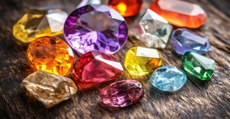A vibrant collection of assorted gemstones. including amethyst. citrine. and aquamarine. beautifully arranged on a rustic wooden surface. showcasing their natural brilliance and colors
