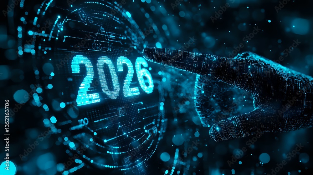 Poster futuristic digital background with glowing blue number 2026 and technological elements in dark space