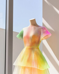 vibrant, conceptual dress with exaggerated shoulders and mesh design, showcasing gradient of colors. unique silhouette