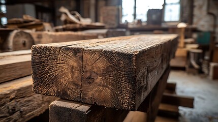 Close-up of a weathered, square reclaimed wood beam in a workshop.