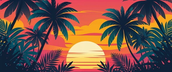 Obraz premium Sunset inspired abstract colors behind palm leaf silhouettes