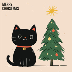 Illustration of Cute black Cat and red Christmas tree Cards