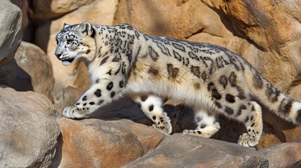 Naklejka premium A snow leopard gracefully moving across a rocky enclosure, its thick spotted fur perfect for blending in.