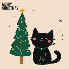 Illustration of Cute black Cat and red Christmas tree Cards