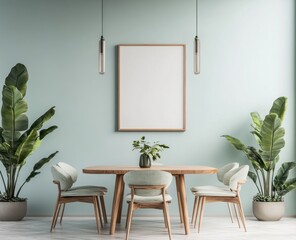 A modern dining room features furniture and potted plants