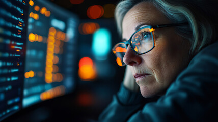 focused woman with glasses gazes at computer screens displaying data, reflecting deep concentration and contemplation in dimly lit environment