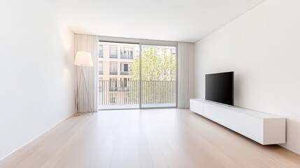 Modern, minimalist living room with large windows