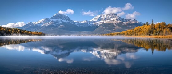 Serene autumn lake reflecting snow-capped mountains under a clear sky