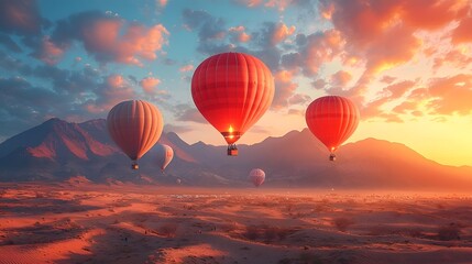 Obraz premium Majestic hot air balloons soar over a desert landscape at sunset
