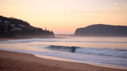 Fototapeta premium Tranquil Dawn at Coastal Beach: Serene Sunrise Over Ocean Waves