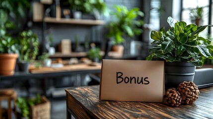 Bonus envelope on a polished office desk with potted plants