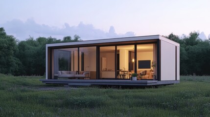 Modern small house with a gable roof, exterior view, grassy yard