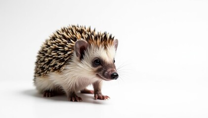 Obraz premium Close-up of a solitary hedgehog, against a bright white backdrop, hedgehog, hedgehog on white, animal photography