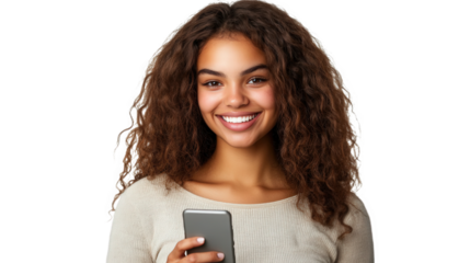 Young Woman Smiling and Holding a Smartphone