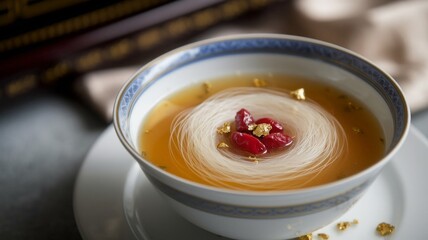 A delicate bowl of Imperial Bird’s Nest Soup, a traditional Chinese delicacy, elegantly presented in a white and blue porcelain bowl with gold detailing