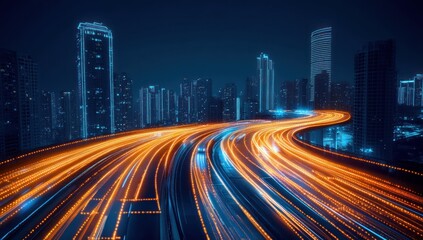 Illuminated highway traffic through the city at nighttime in the dark © Musa