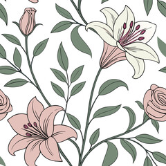 Elegant Seamless Pattern of Lilies and Roses Floral Design Botanical Illustration