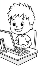 Boy using computer at desk for educational purposes. Line art style, isolated illustration