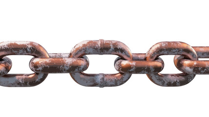 Obraz premium Close-up macro shot of a segment of rusty chain against a pure white background. The chain is composed of several interconnected oval links, exhibiting a significant degree of rust and corrosion.
